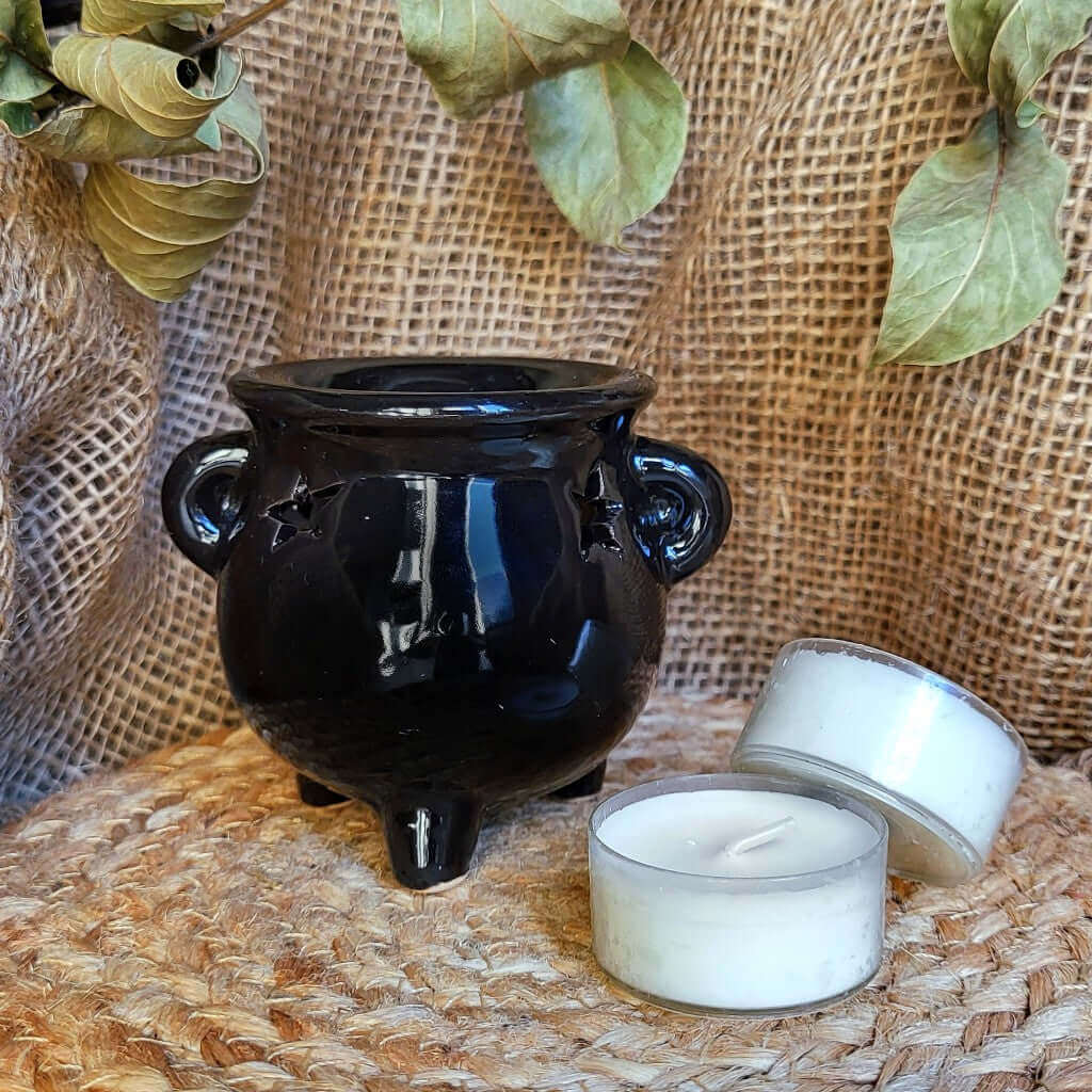 Calderone In Ceramica Nero Da Appendere – Bruciatore Per Cera E Oli Essenziali Con Supporto In Ferro – Decorazione Stregoneria Per Halloween