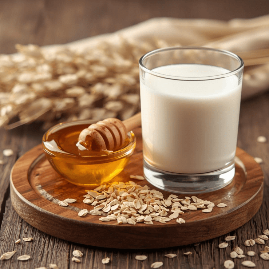 Bicchiere di vetro contenente del latte di avena con ciotola di vetro piena di miele dorato. Intorno e sullo sfondo cereali e spighe di avena. Fragranza per candele profumate