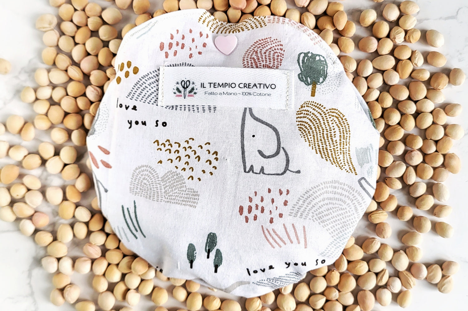 Cuscino termico per coliche bimbi bambini neonati e neo mamme, in puro cotone 100%, sfoderabile e lavabile, con noccioli di ciliegia. Fantasia Elefantino