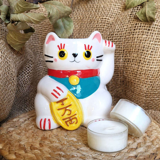 Bruciatore o bruciaessenze per tart profumate in ceramica con desing unico a forma di gatto portafortuna Maneki Neko