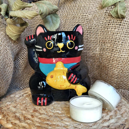 Bruciatore o bruciaessenze per tart profumate in ceramica con desing unico a forma di gatto portafortuna Maneki Neko