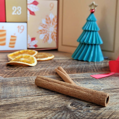 In primo piano stecche di cannella e Albero di Natale fatto di cera di soia. Il tutto è contenuto nel Calendario dell'Avvento Natalizio di materiali per realizzare candele profumate in cera di soia. Made in Il Tempio Creativo.