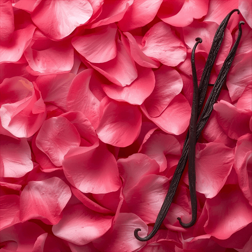 Letto di petali di rosa su cui sono adagiati tre bacelli di vaniglia per indicare la fragranza per candele Vaniglia e Rosa