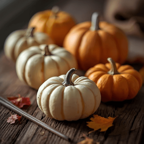 Sei zucche arancioni e bianche insieme a un bacello di vaniglia per indicare la fragranza per candele Vaniglia e Zucca Dolce