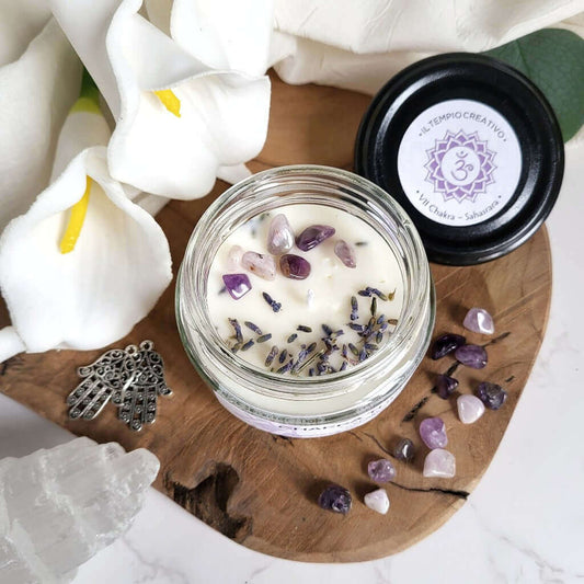Candela meditativa in cera di soia, settimo chakra sahasrara